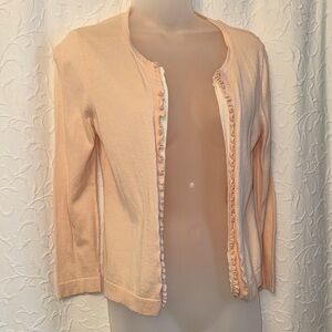 LOFT Light Baby Pink Ruffle Cardigan w White trim Size XS 100% cotton 3/4 sleeve